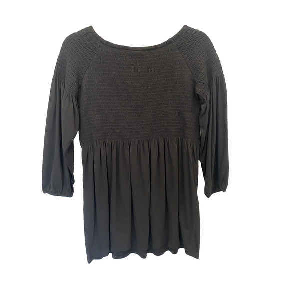 J Jill Womens XS Shirt Dress Black Smocked Raglan Peasant Sleeve Boho Tunic Top - Picture 3 of 8